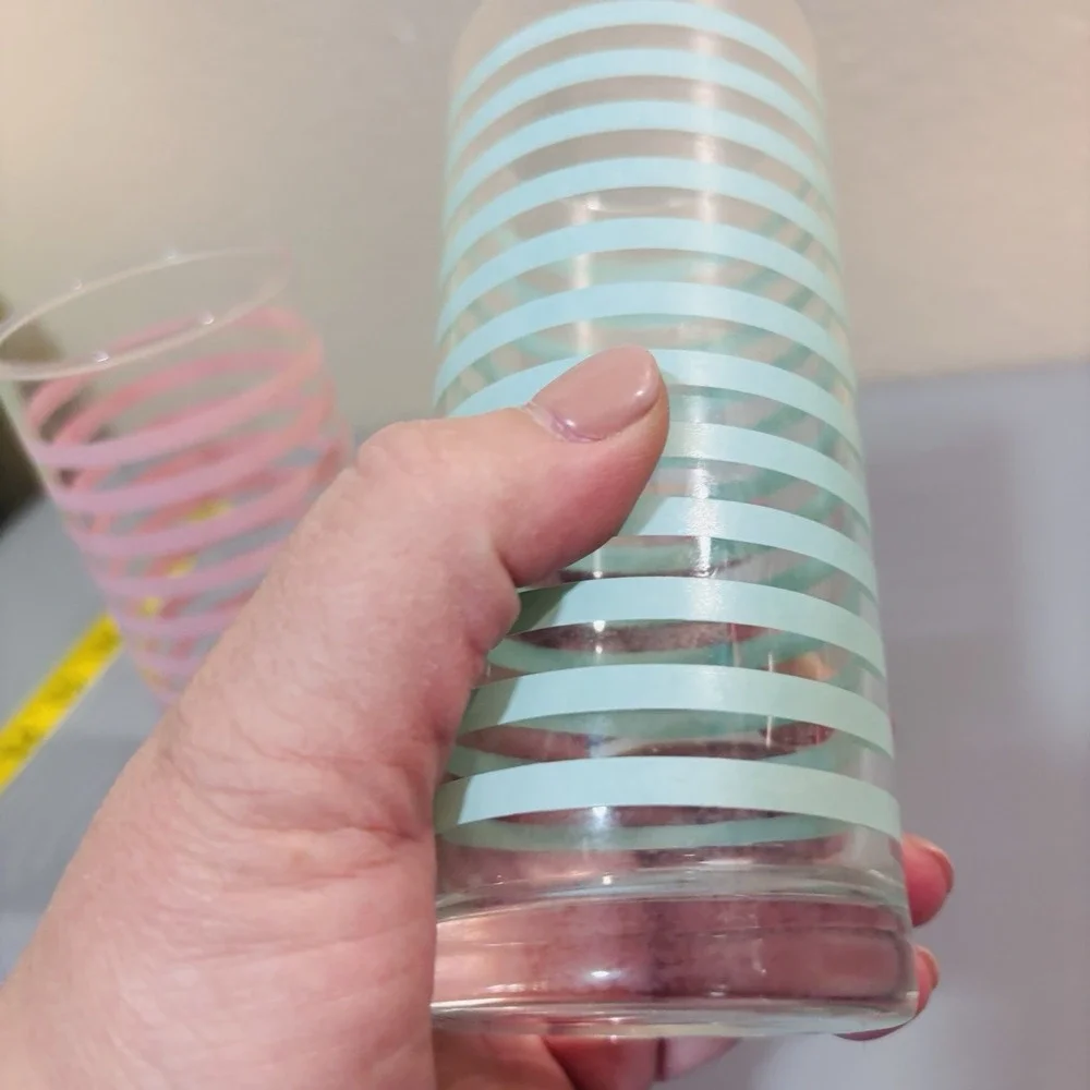2 Libbey Vintage Mid Century Modern Retro Teal Pink Striped Highball Bar Glasses